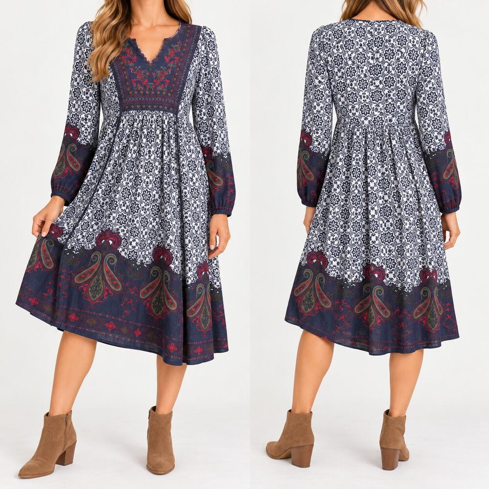 Sahalie Womens S Navy Floral Paisley Long Sleeve Boho Tunic Dress Cottagecore